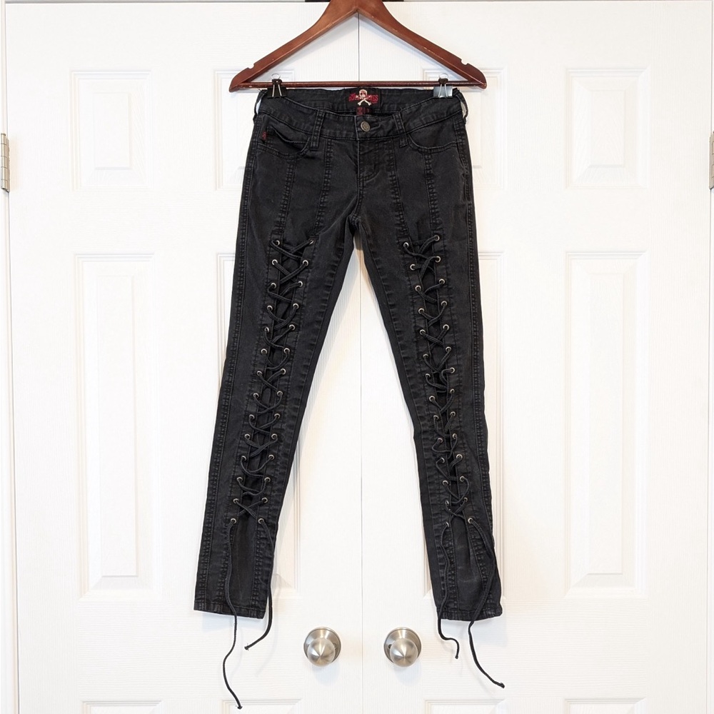 Y2K Vintage Daang Royal Bones Laceup Corset Black Jeans 97% Cotton Punk Emo Goth